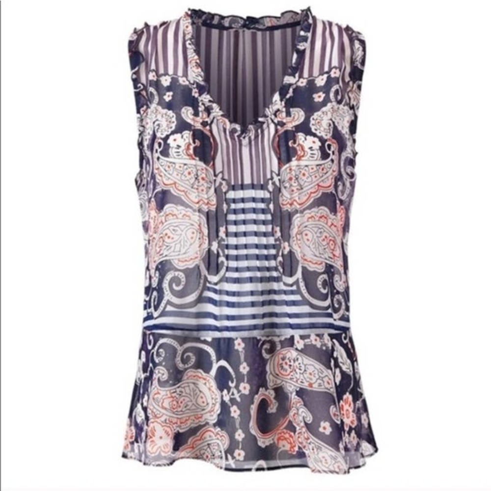 Cabi Sheer Peplum Blouse Size S V-Neck Sleeveless Ruffle Trim Top Paisley Blue